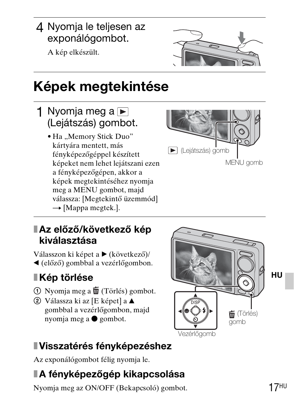 Képek megtekintése, Nyomja le teljesen az exponálógombot, Nyomja meg a (lejátszás) gombot | Sony DSC-WX1 User Manual | Page 237 / 483