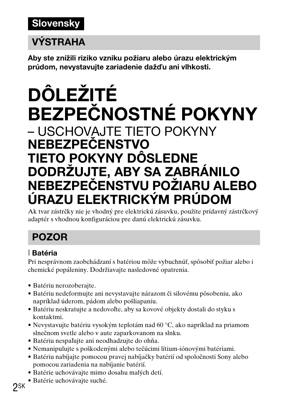 Slovensky, Dôležité bezpečnostné pokyny, Slovensky výstraha pozor | Sony DSC-WX1 User Manual | Page 248 / 483