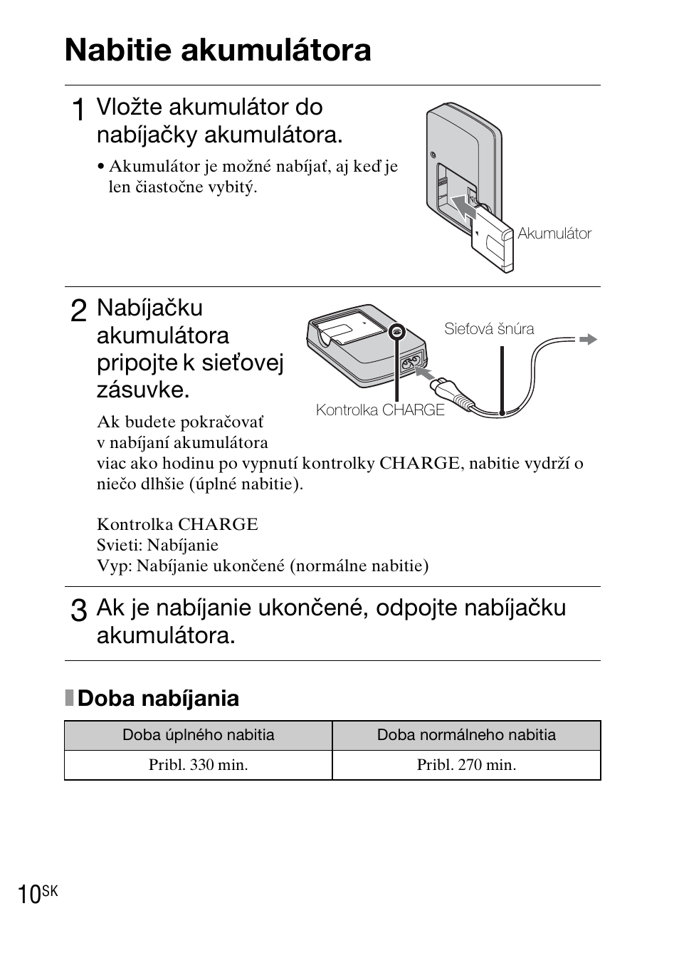 Nabitie akumulátora, Vložte akumulátor do nabíjačky akumulátora, Nabíjačku akumulátora pripojte k sieťovej zásuvke | Sony DSC-WX1 User Manual | Page 256 / 483