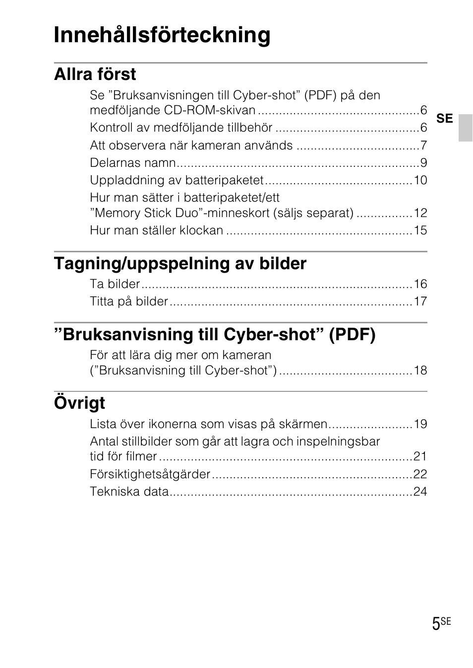 Innehållsförteckning, Allra först, Tagning/uppspelning av bilder | Bruksanvisning till cyber-shot” (pdf), Övrigt | Sony DSC-WX1 User Manual | Page 277 / 483