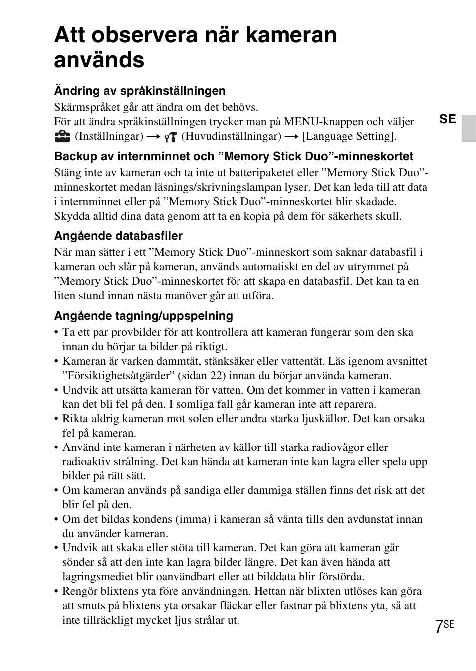 Att observera när kameran används | Sony DSC-WX1 User Manual | Page 279 / 483