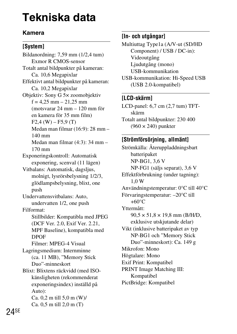 Tekniska data | Sony DSC-WX1 User Manual | Page 296 / 483