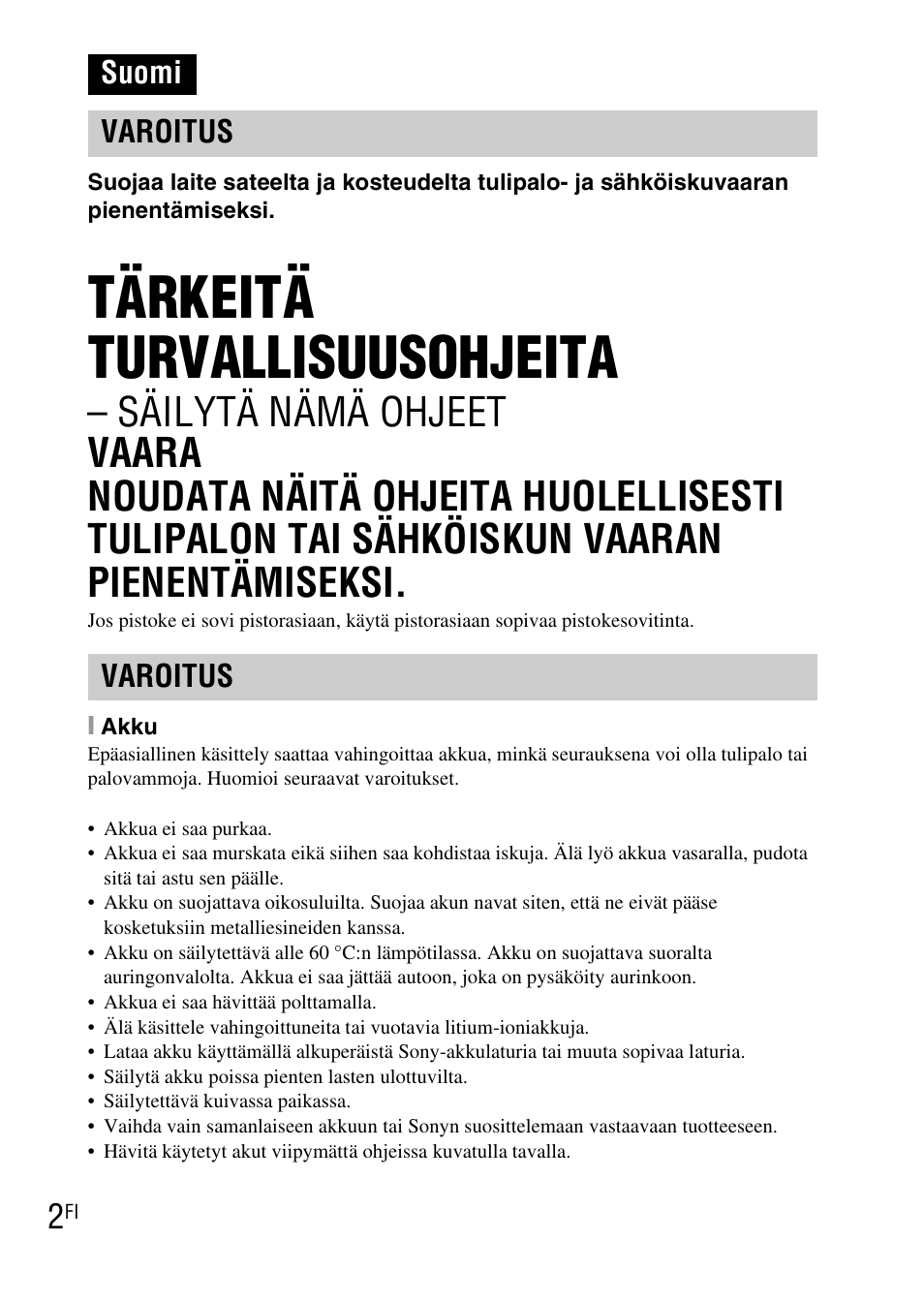 Suomi, Tärkeitä turvallisuusohjeita, Suomi varoitus varoitus | Sony DSC-WX1 User Manual | Page 298 / 483