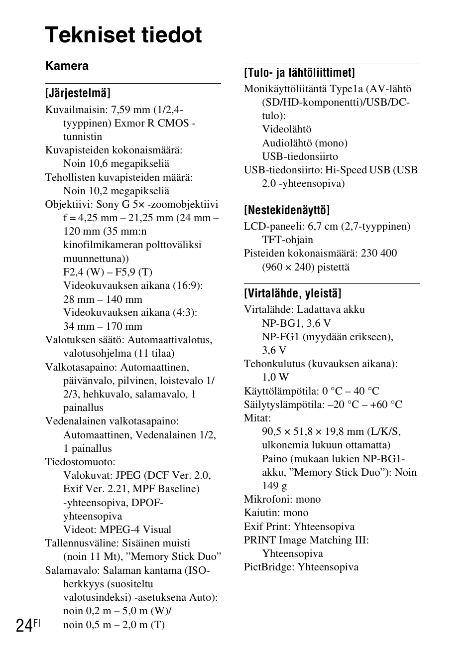 Tekniset tiedot | Sony DSC-WX1 User Manual | Page 320 / 483