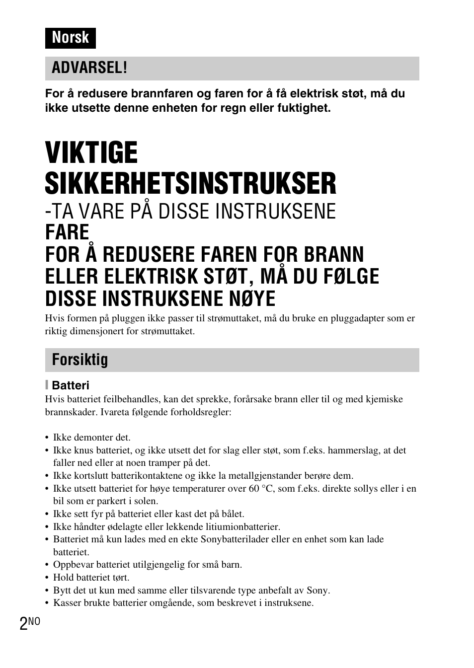 Norsk, Viktige sikkerhetsinstrukser, Norsk advarsel! forsiktig | Sony DSC-WX1 User Manual | Page 322 / 483