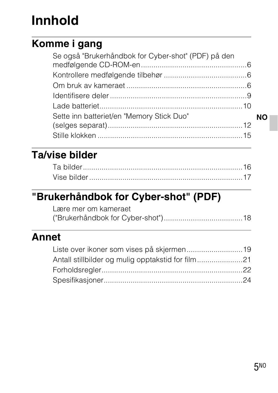 Innhold, Komme i gang, Ta/vise bilder | Brukerhåndbok for cyber-shot" (pdf), Annet | Sony DSC-WX1 User Manual | Page 325 / 483