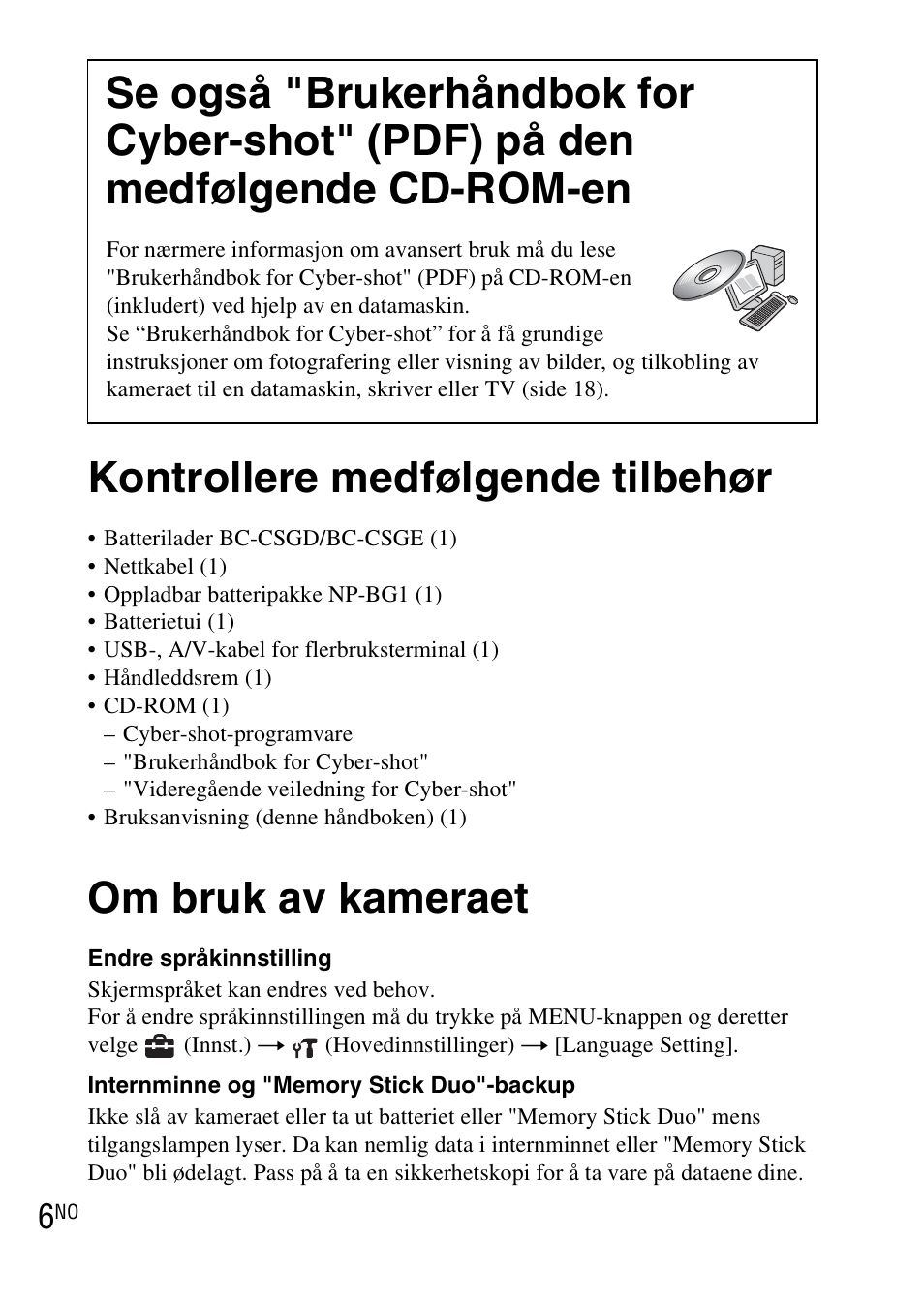 Kontrollere medfølgende tilbehør, Om bruk av kameraet | Sony DSC-WX1 User Manual | Page 326 / 483