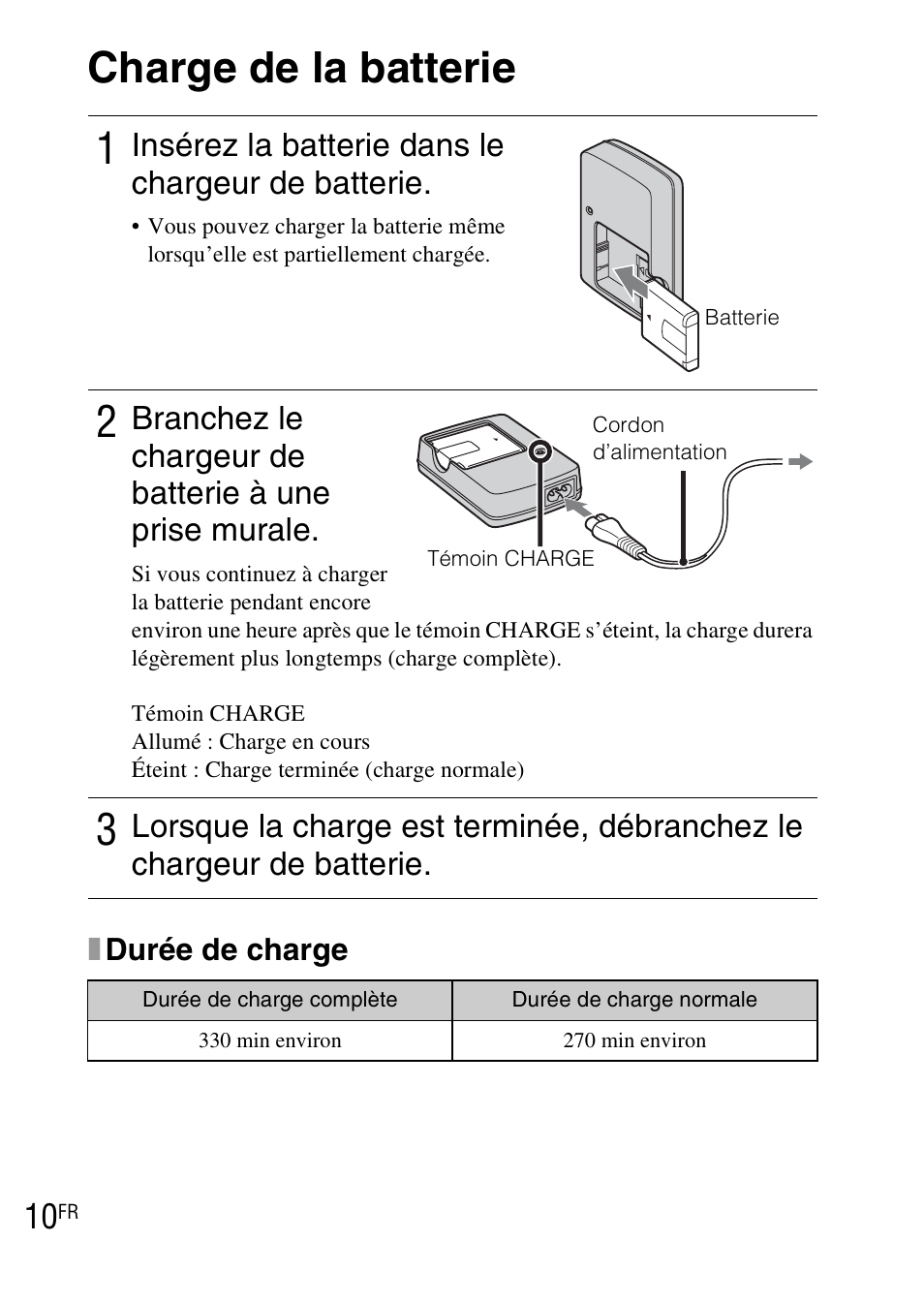 Charge de la batterie, Insérez la batterie dans le chargeur de batterie | Sony DSC-WX1 User Manual | Page 34 / 483