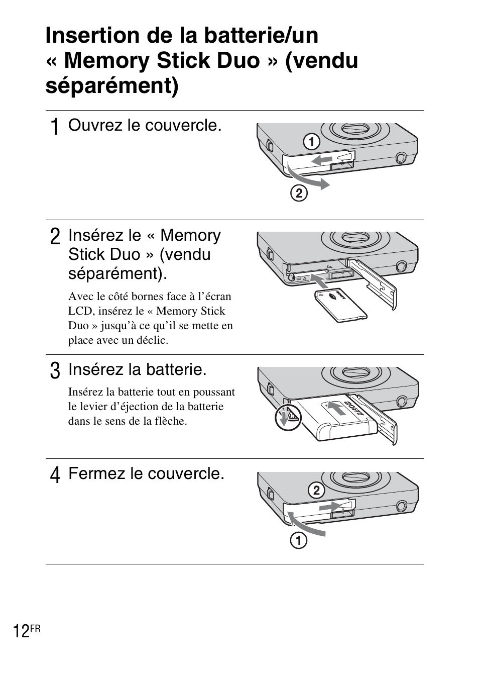 Insertion de la batterie/un « memory stick duo, Vendu séparément) | Sony DSC-WX1 User Manual | Page 36 / 483