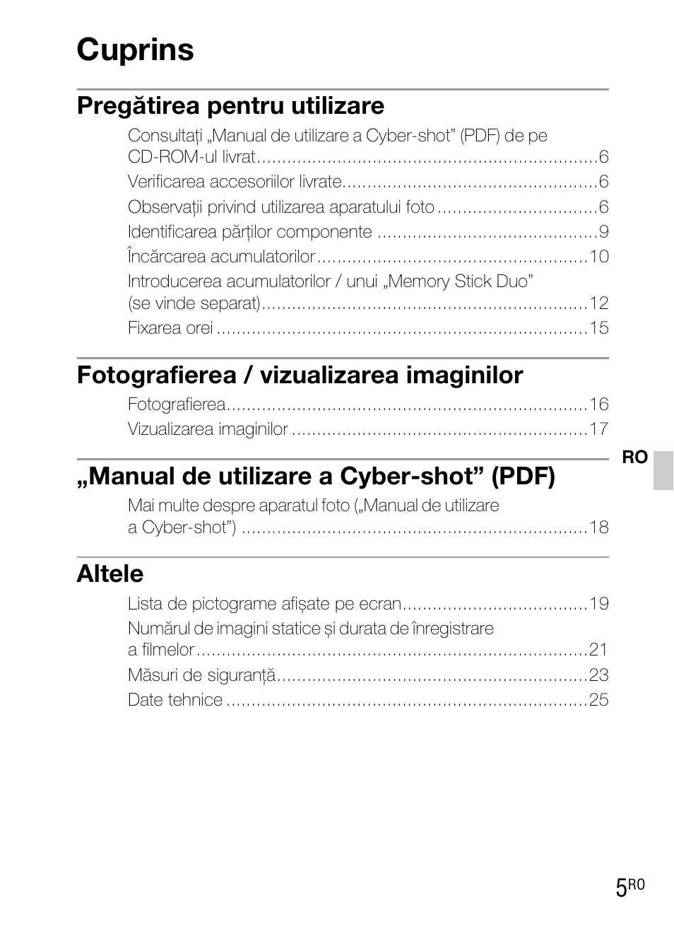 Cuprins, Pregătirea pentru utilizare, Fotografierea / vizualizarea imaginilor | Manual de utilizare a cyber-shot” (pdf), Altele | Sony DSC-WX1 User Manual | Page 399 / 483