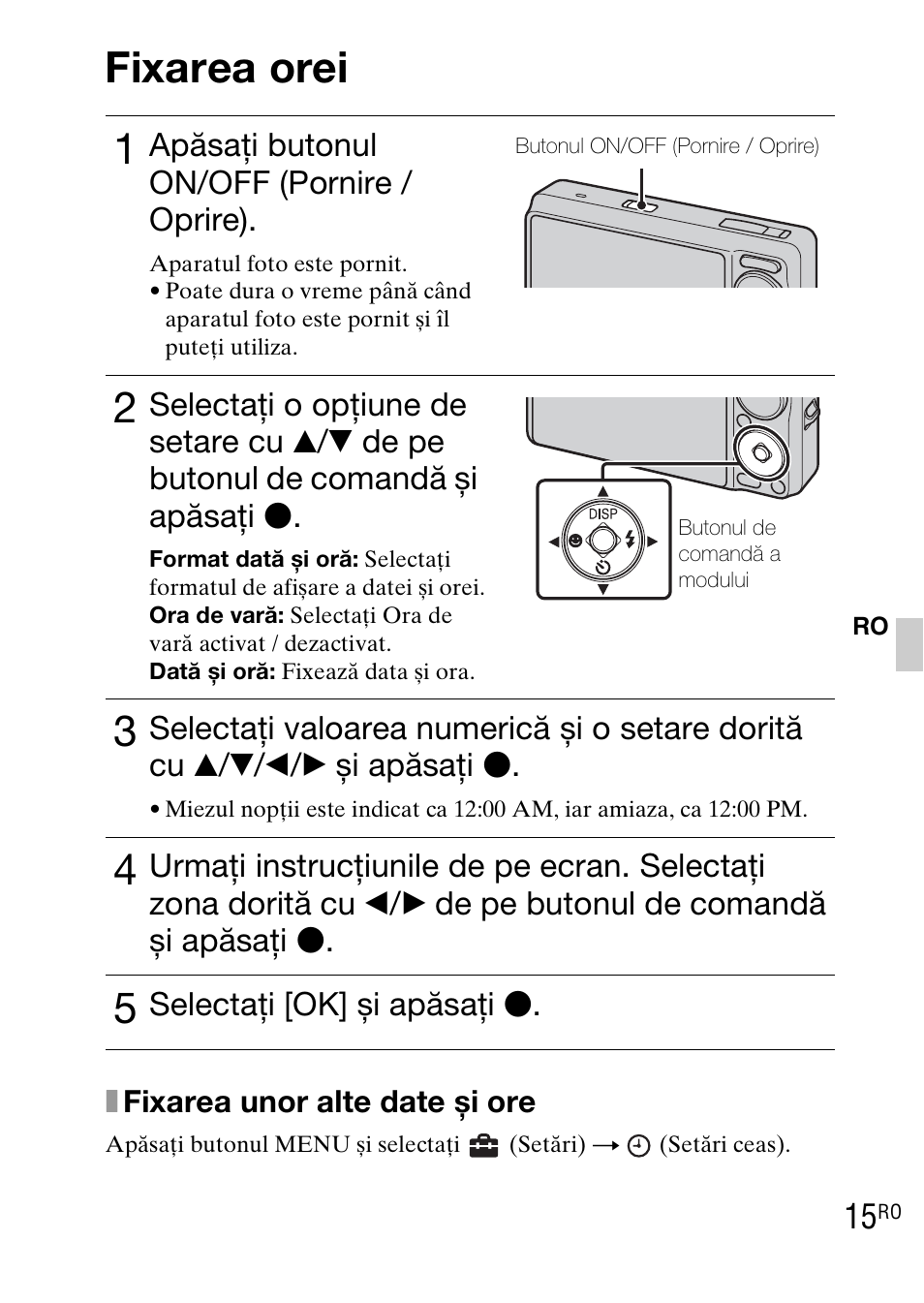 Fixarea orei, Apăsaţi butonul on/off (pornire / oprire), Selectaţi [ok] și apăsaţi z | Sony DSC-WX1 User Manual | Page 409 / 483