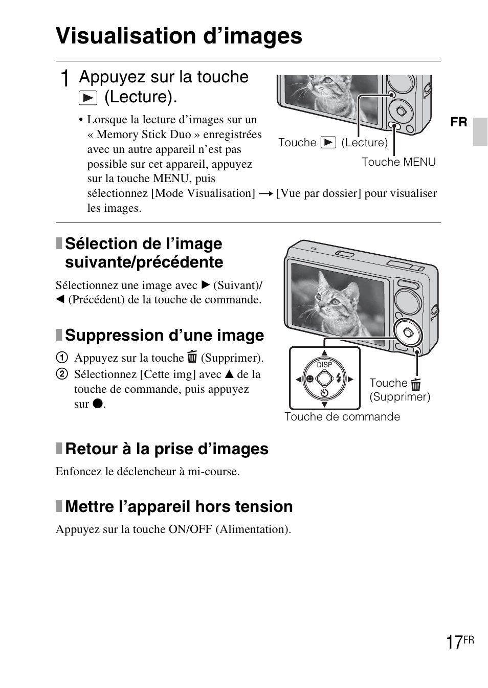 Visualisation d’images, Appuyez sur la touche (lecture), Xretour à la prise d’images | Xmettre l’appareil hors tension, Xsélection de l’image suivante/précédente, Xsuppression d’une image | Sony DSC-WX1 User Manual | Page 41 / 483