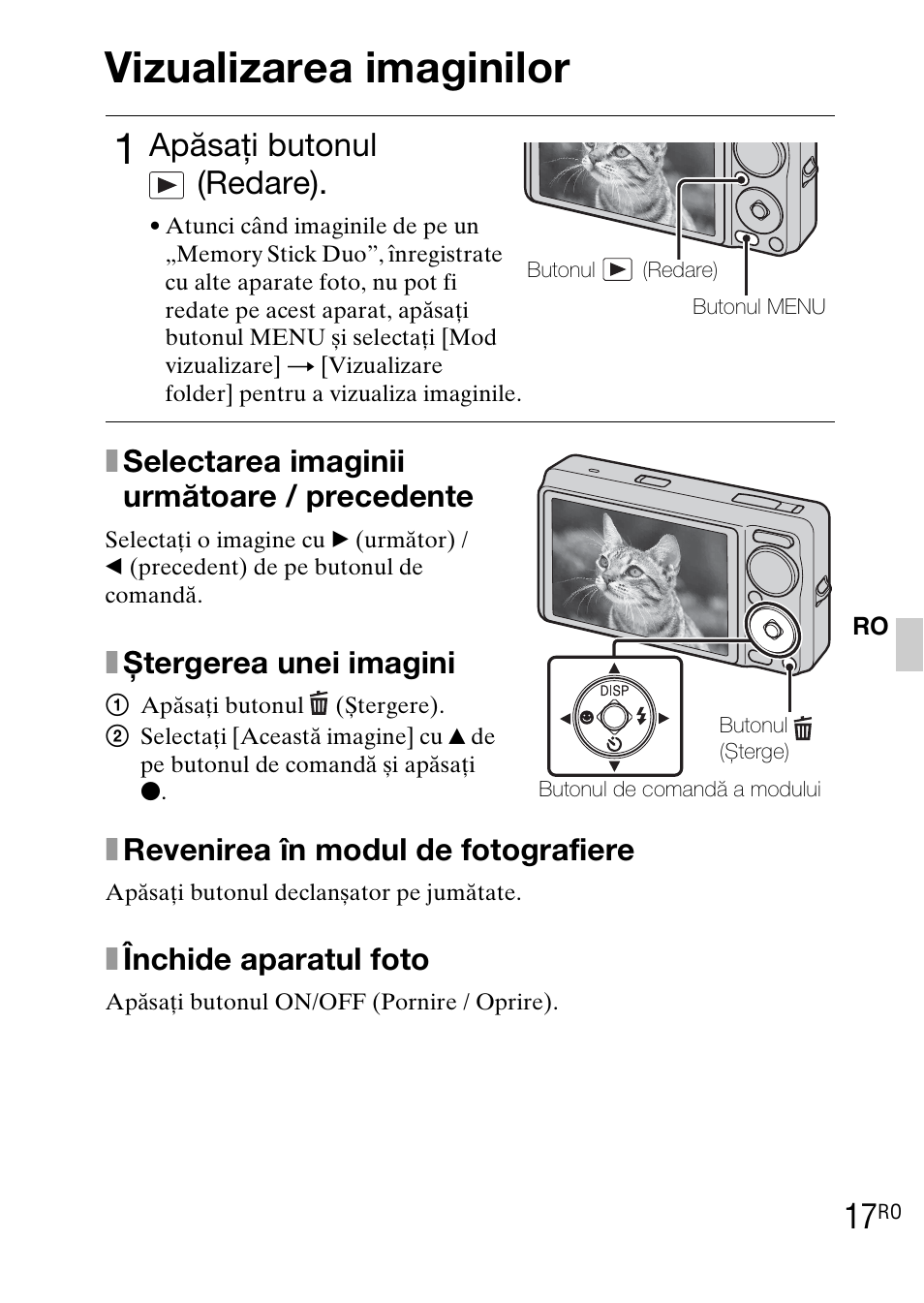 Vizualizarea imaginilor, Apăsaţi butonul (redare), Xrevenirea în modul de fotografiere | Xînchide aparatul foto, Xselectarea imaginii următoare / precedente, Xștergerea unei imagini | Sony DSC-WX1 User Manual | Page 411 / 483