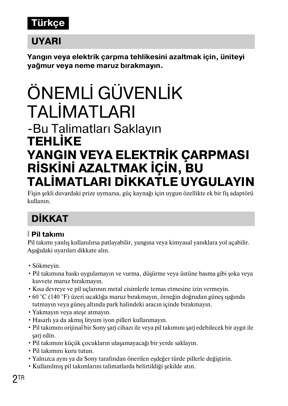 Türkçe, Önemli güvenlik talimatlari, Türkçe uyari dikkat | Sony DSC-WX1 User Manual | Page 422 / 483