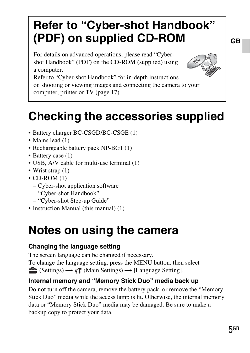 Checking the accessories supplied, Notes on using the camera, Refer to “cyber-shot handbook” (pdf) on supplied | Sony DSC-WX1 User Manual | Page 5 / 483