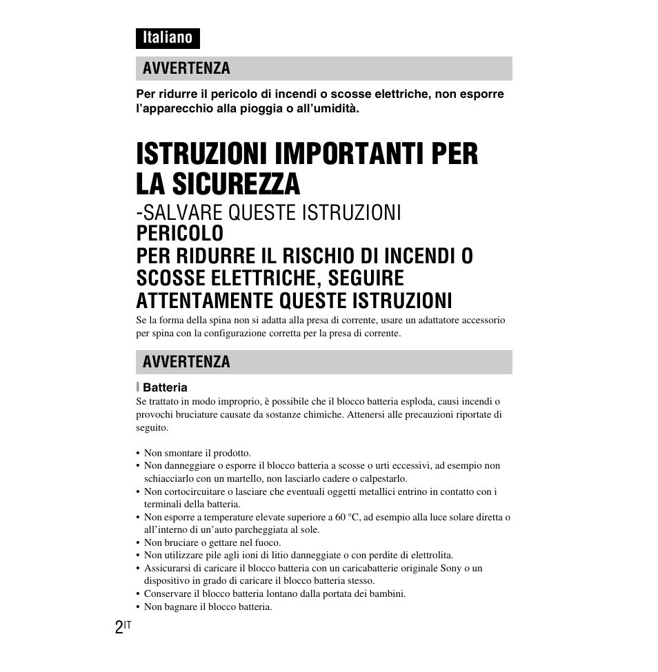Italiano, Istruzioni importanti per la sicurezza, Italiano avvertenza avvertenza | Sony DSC-WX1 User Manual | Page 50 / 483