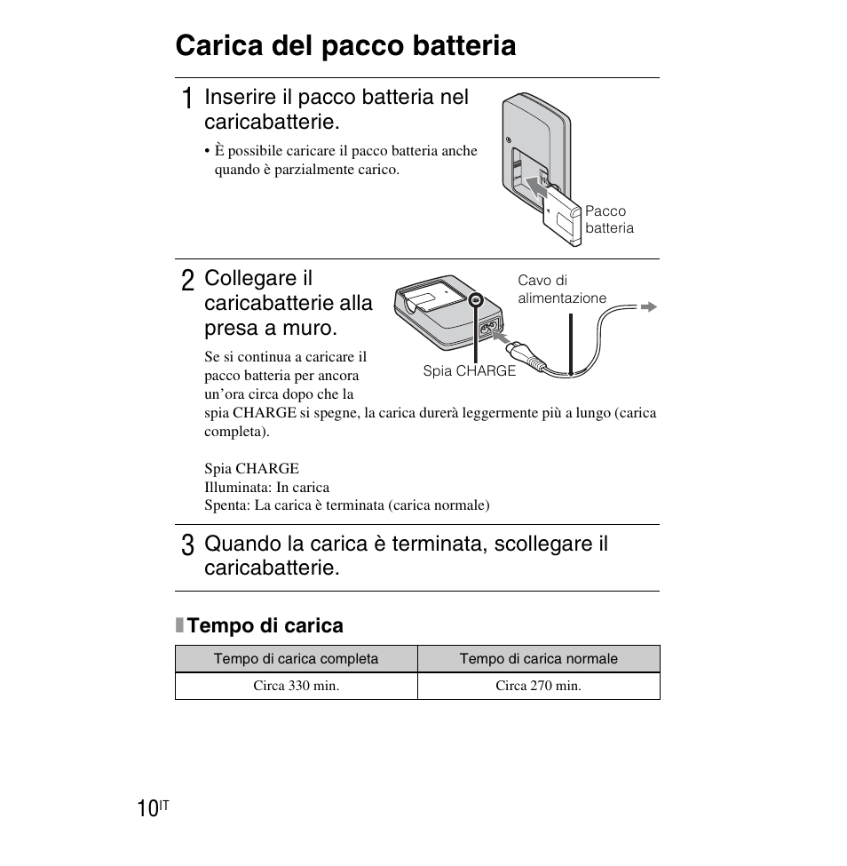 Carica del pacco batteria, Inserire il pacco batteria nel caricabatterie, Collegare il caricabatterie alla presa a muro | Sony DSC-WX1 User Manual | Page 58 / 483