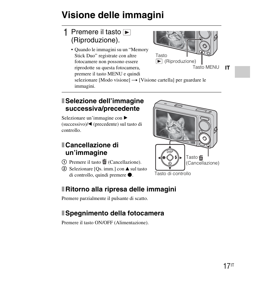 Visione delle immagini, Premere il tasto (riproduzione), Xritorno alla ripresa delle immagini | Xspegnimento della fotocamera, Xselezione dell’immagine successiva/precedente, Xcancellazione di un’immagine | Sony DSC-WX1 User Manual | Page 65 / 483