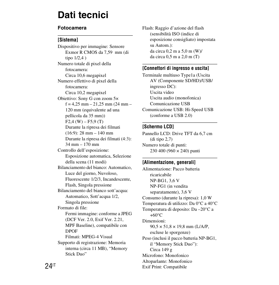 Dati tecnici | Sony DSC-WX1 User Manual | Page 72 / 483