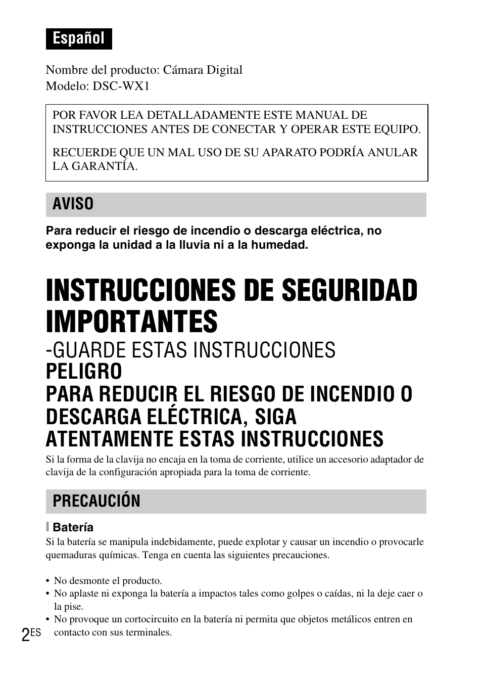 Español, Instrucciones de seguridad importantes, Aviso precaución | Sony DSC-WX1 User Manual | Page 74 / 483