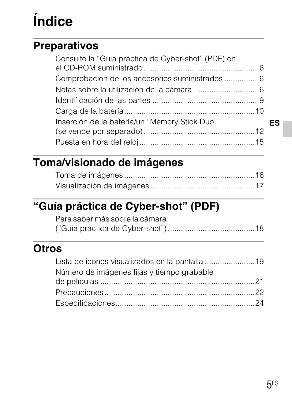 Índice, Preparativos, Toma/visionado de imágenes | Guía práctica de cyber-shot” (pdf), Otros | Sony DSC-WX1 User Manual | Page 77 / 483
