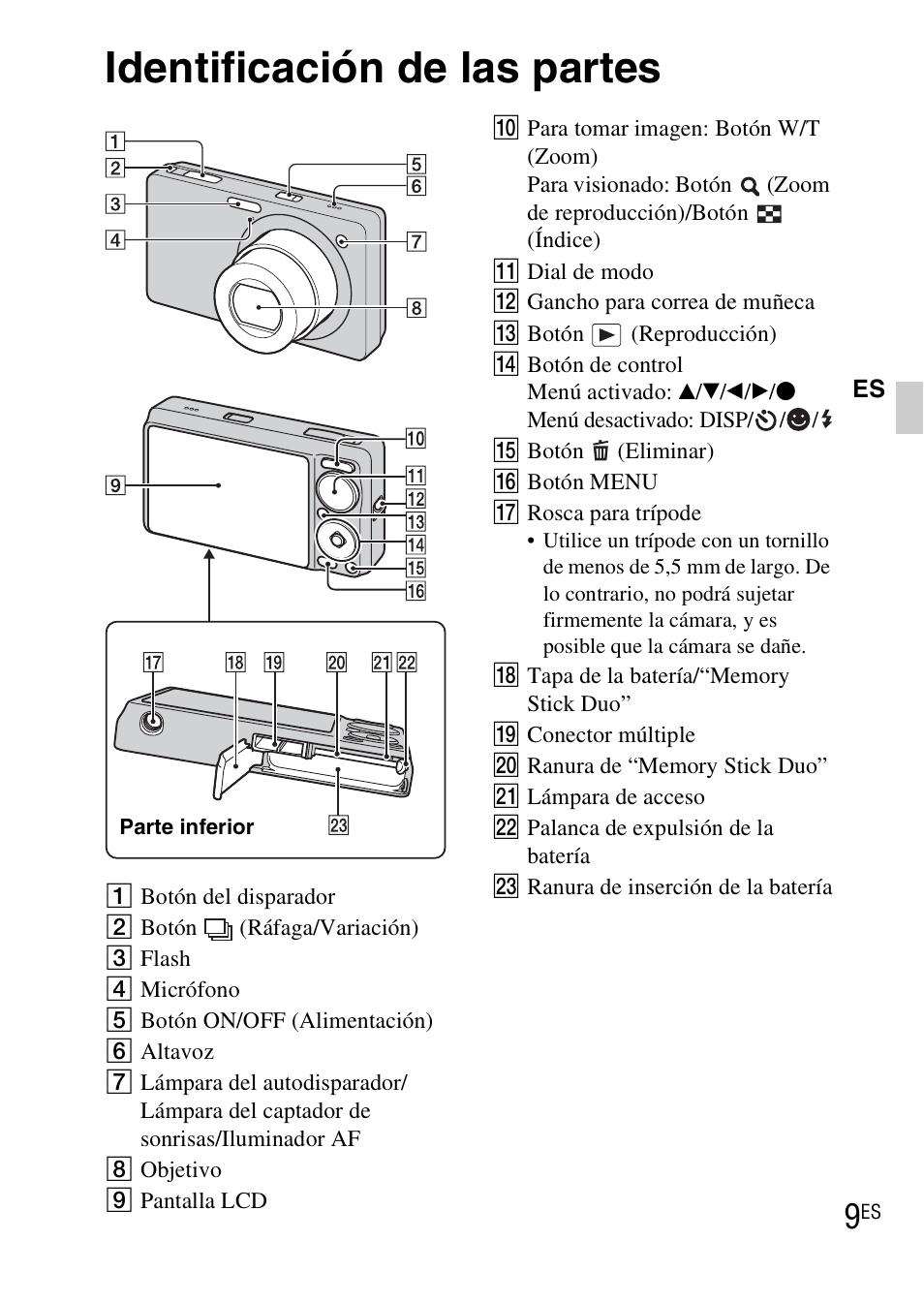 Identificación de las partes | Sony DSC-WX1 User Manual | Page 81 / 483