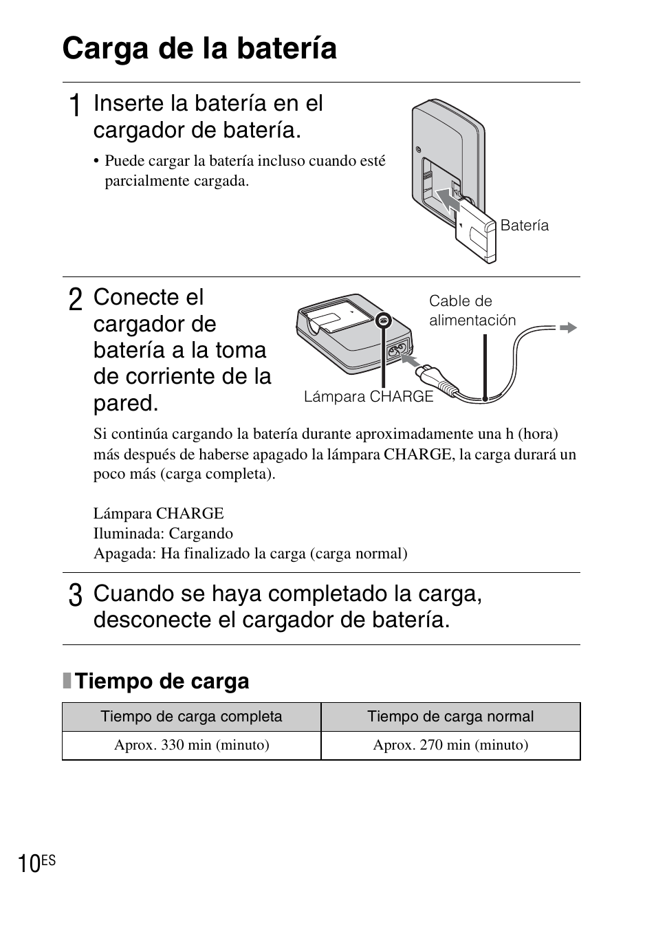 Carga de la batería, Inserte la batería en el cargador de batería | Sony DSC-WX1 User Manual | Page 82 / 483