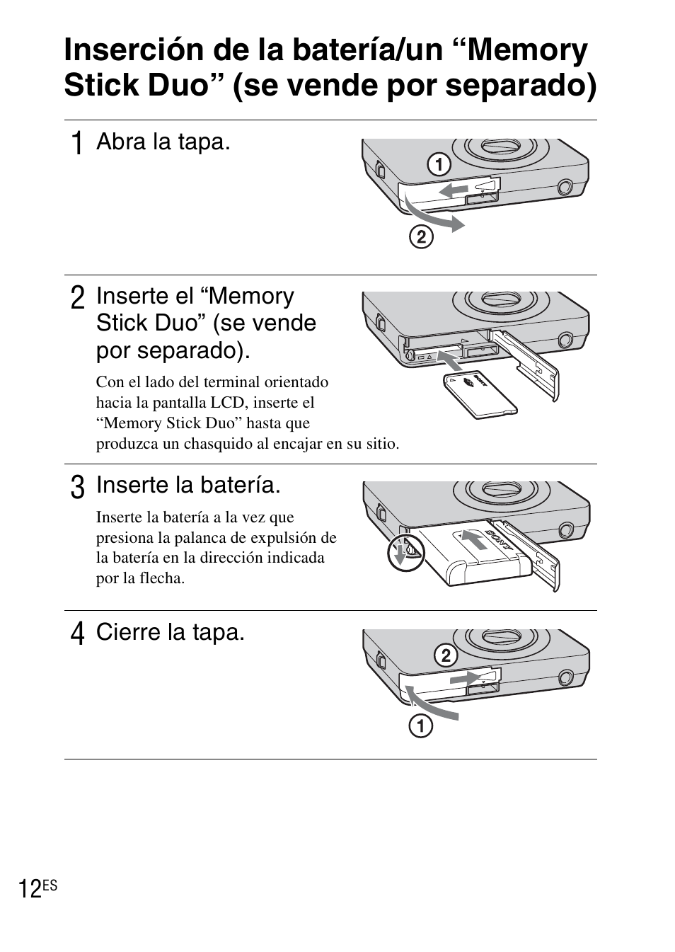 Inserción de la batería/un “memory stick duo, Se vende por separado) | Sony DSC-WX1 User Manual | Page 84 / 483