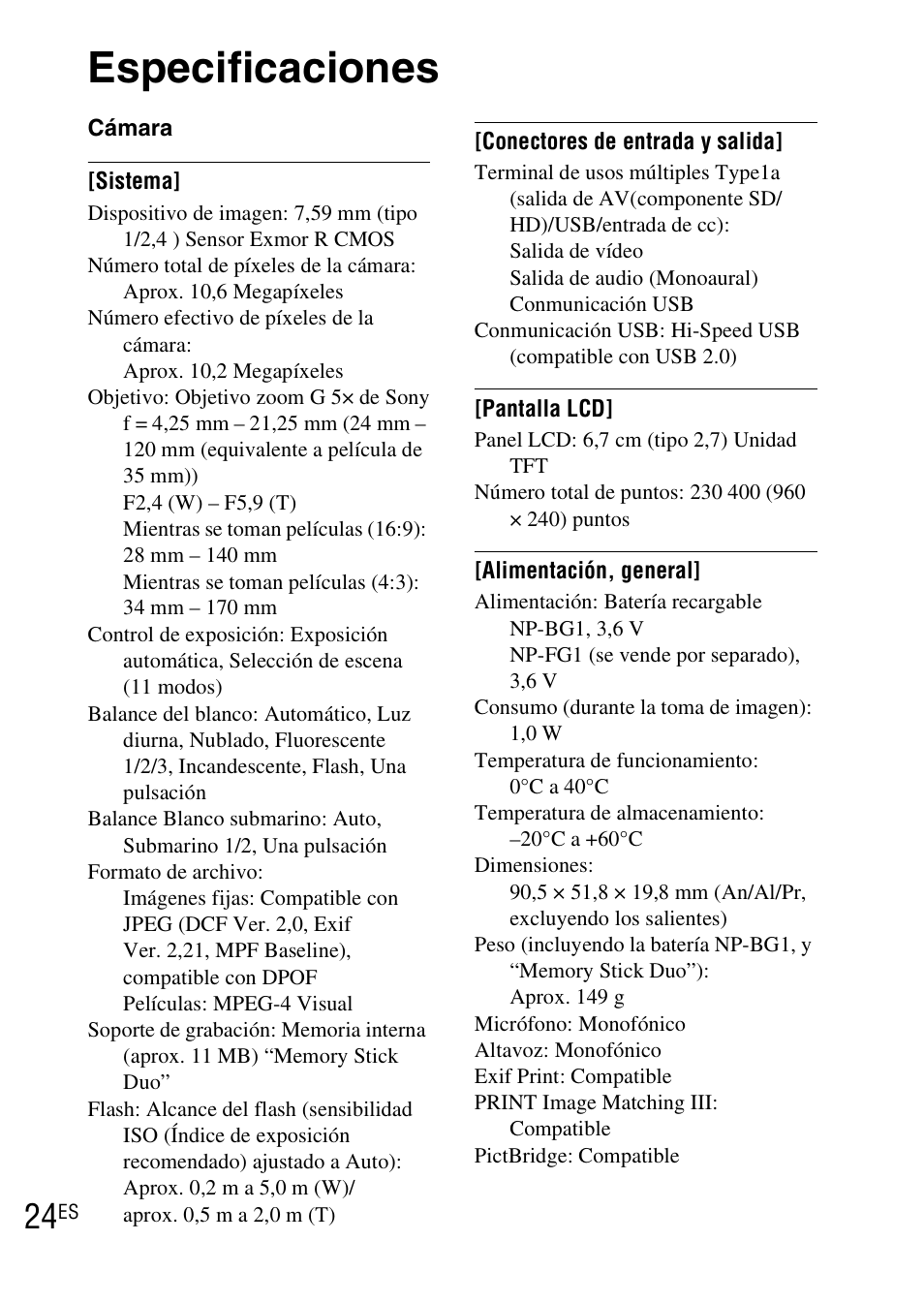 Especificaciones | Sony DSC-WX1 User Manual | Page 96 / 483