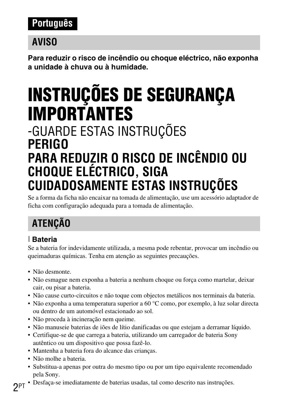 Português, Instruções de segurança importantes, Português aviso atenção | Sony DSC-WX1 User Manual | Page 98 / 483