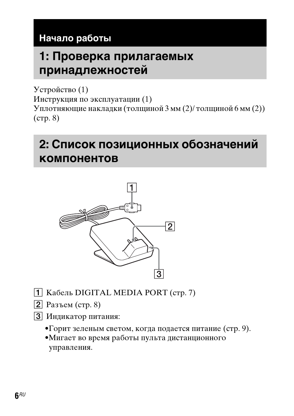 Начало работы, Проверка прилагаемых принадлежностей, Список позиционных обозначений компонентов | Проверка прилагаемых, Принадлежностей, Список позиционных, Обозначений компонентов | Sony TDM-MP10 User Manual | Page 102 / 128