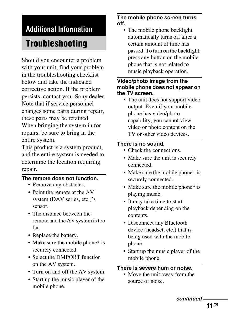Additional information, Troubleshooting | Sony TDM-MP10 User Manual | Page 11 / 128