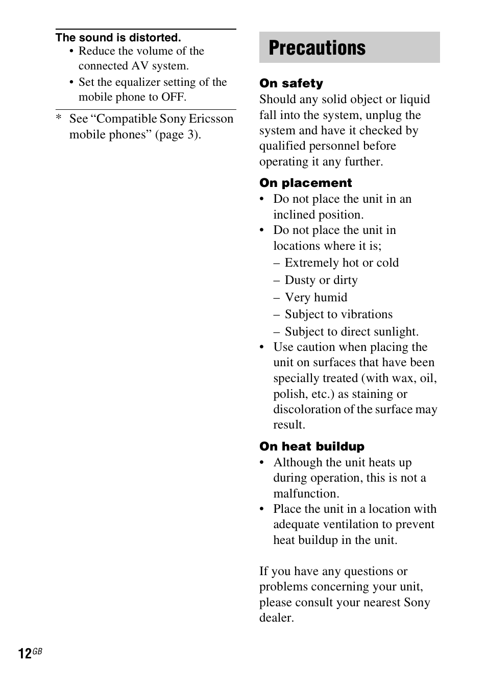 Precautions | Sony TDM-MP10 User Manual | Page 12 / 128