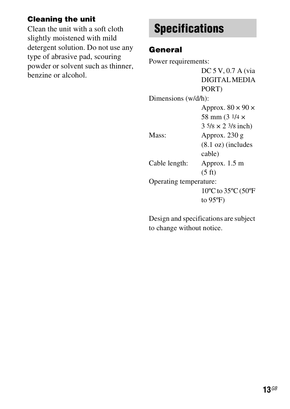 Specifications | Sony TDM-MP10 User Manual | Page 13 / 128