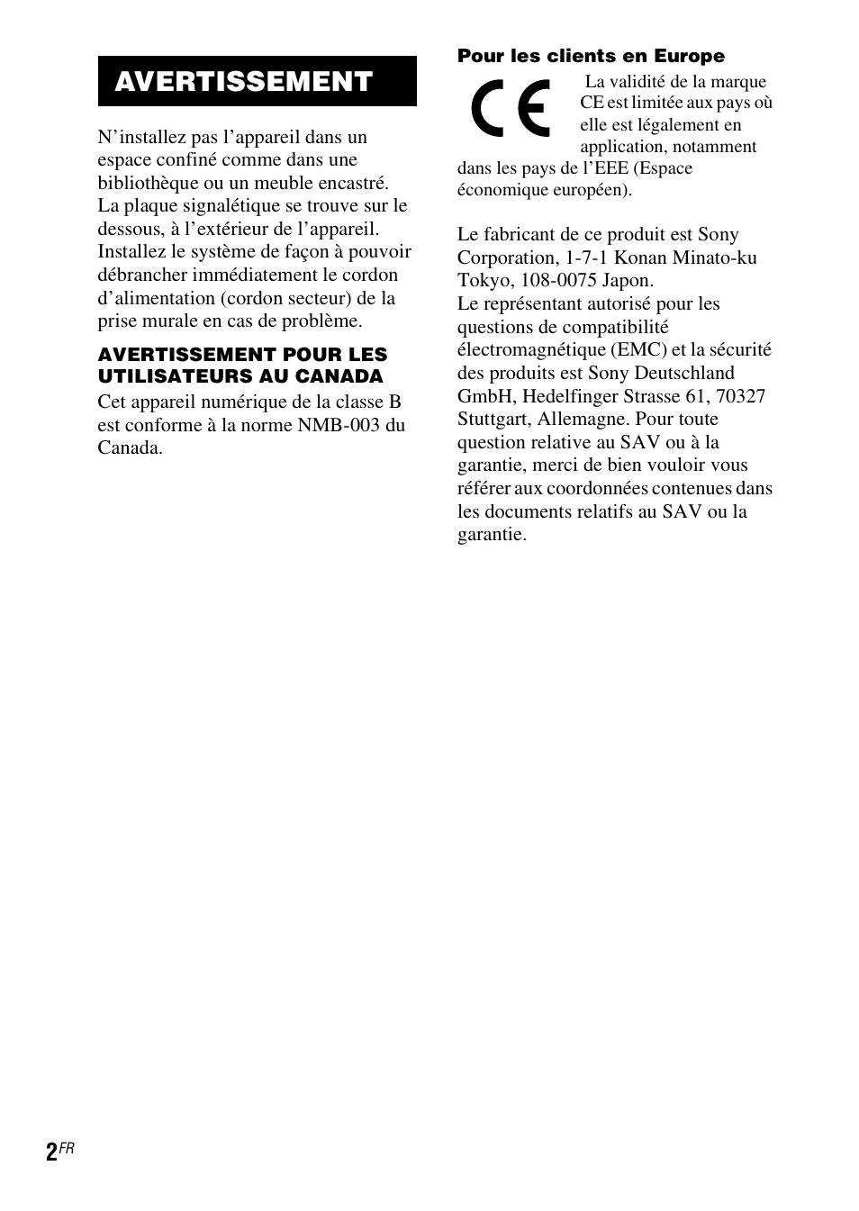 Avertissement | Sony TDM-MP10 User Manual | Page 14 / 128