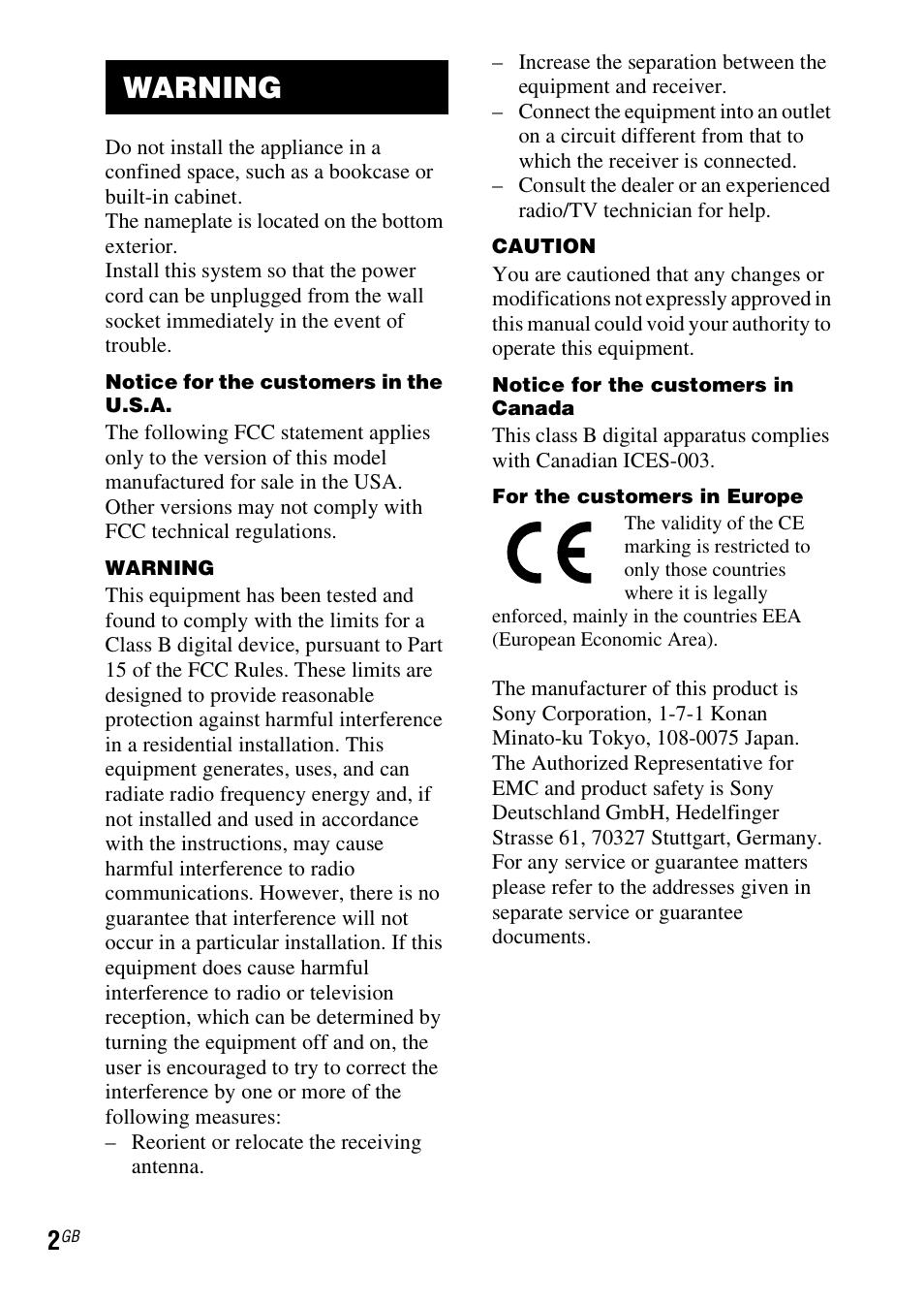 Warning | Sony TDM-MP10 User Manual | Page 2 / 128