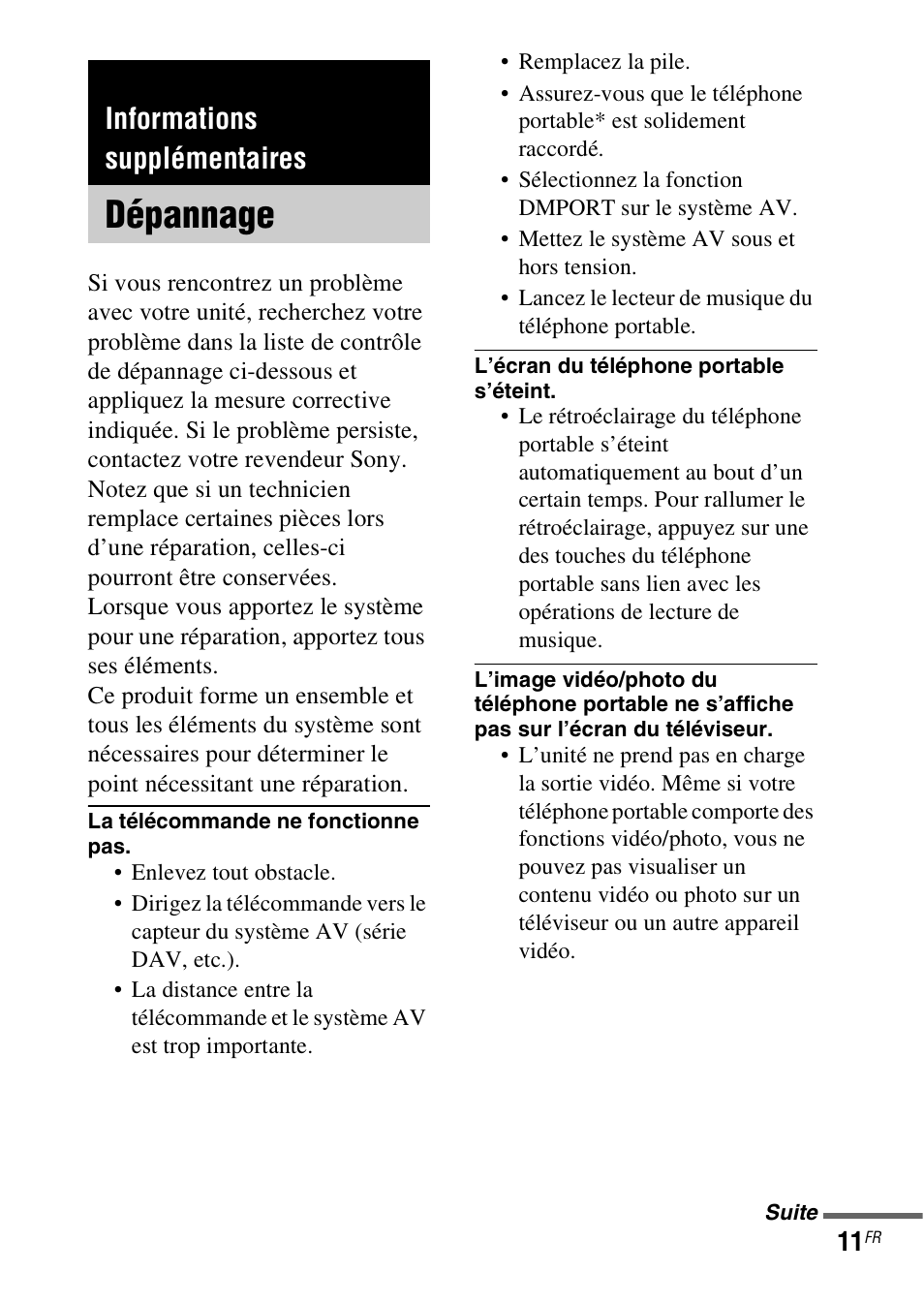 Informations supplémentaires, Dépannage | Sony TDM-MP10 User Manual | Page 23 / 128