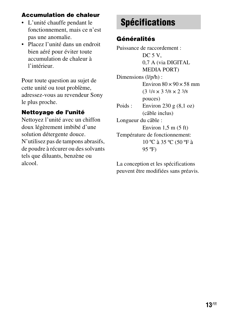 Spécifications | Sony TDM-MP10 User Manual | Page 25 / 128