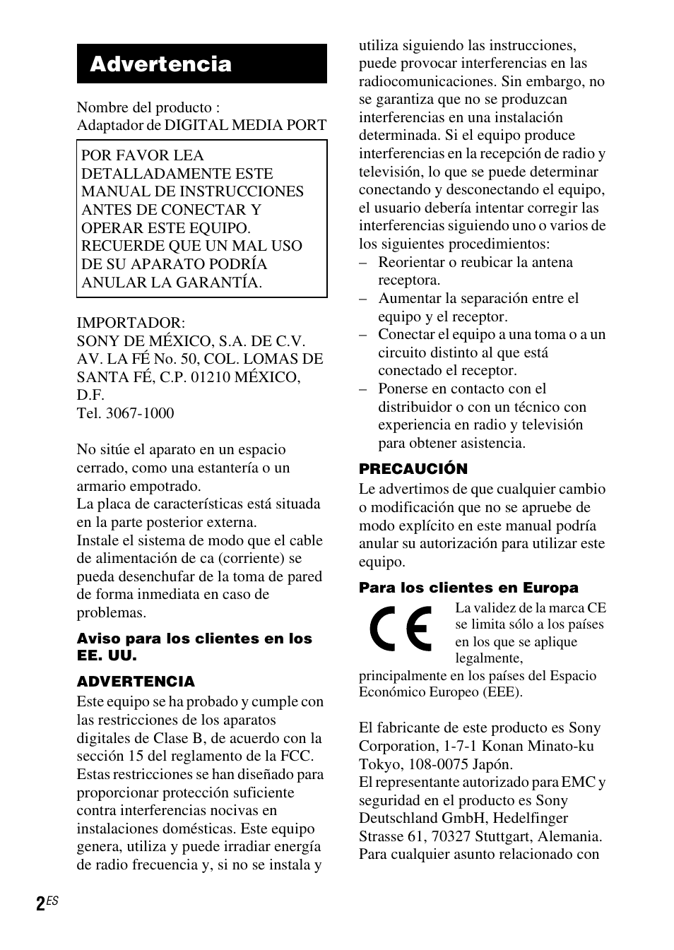 Advertencia | Sony TDM-MP10 User Manual | Page 26 / 128