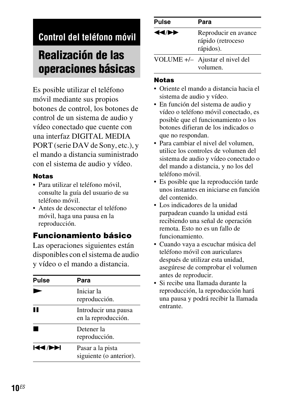 Control del teléfono móvil, Realización de las operaciones básicas, Realización de las operaciones | Básicas | Sony TDM-MP10 User Manual | Page 34 / 128