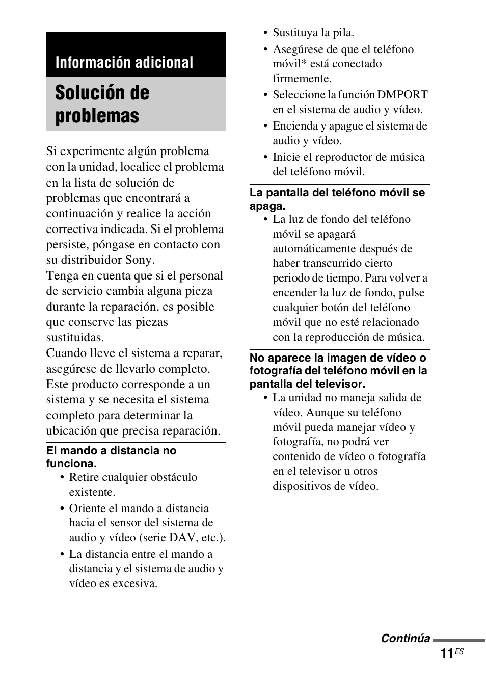 Información adicional, Solución de problemas | Sony TDM-MP10 User Manual | Page 35 / 128