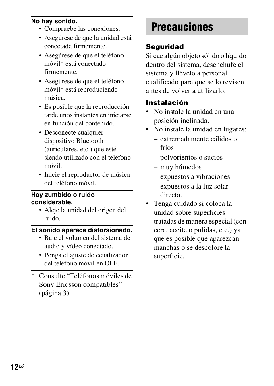 Precauciones | Sony TDM-MP10 User Manual | Page 36 / 128