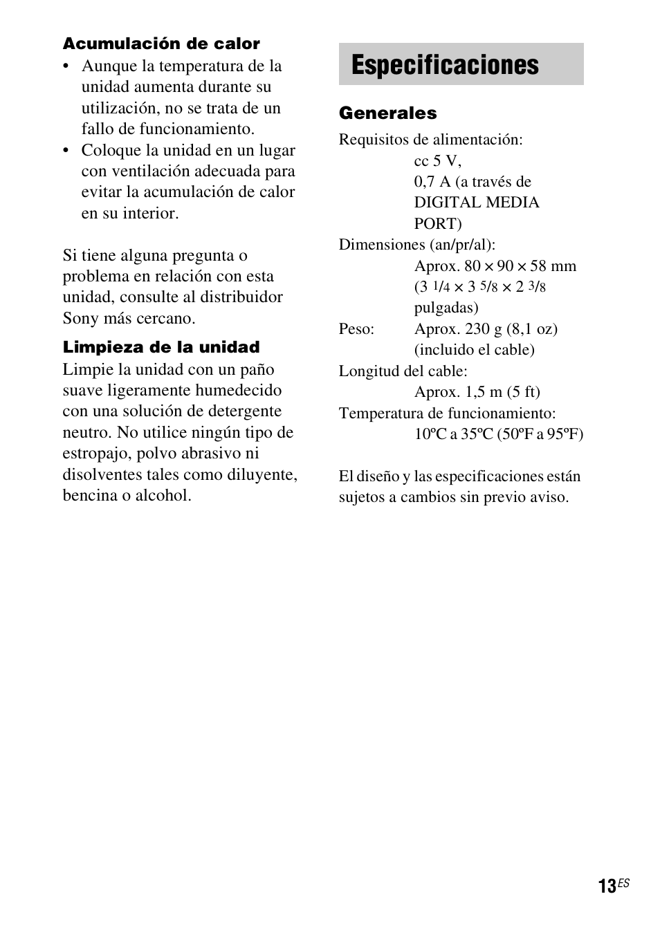 Especificaciones | Sony TDM-MP10 User Manual | Page 37 / 128