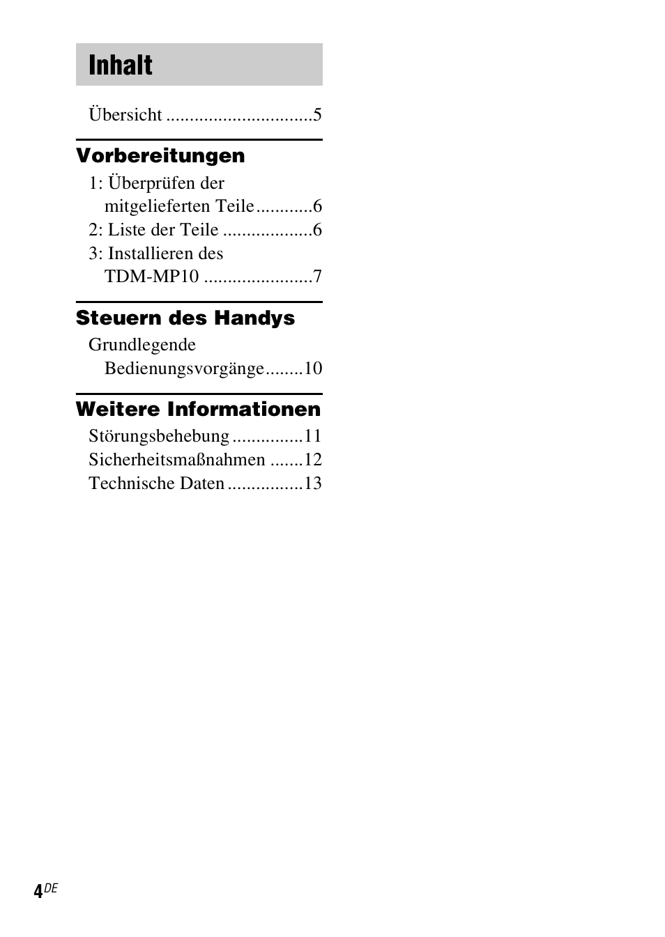 Inhalt | Sony TDM-MP10 User Manual | Page 40 / 128