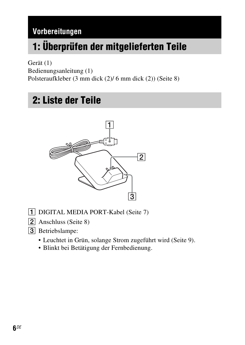 Vorbereitungen, Überprüfen der mitgelieferten teile, Liste der teile | Überprüfen der, Mitgelieferten teile | Sony TDM-MP10 User Manual | Page 42 / 128