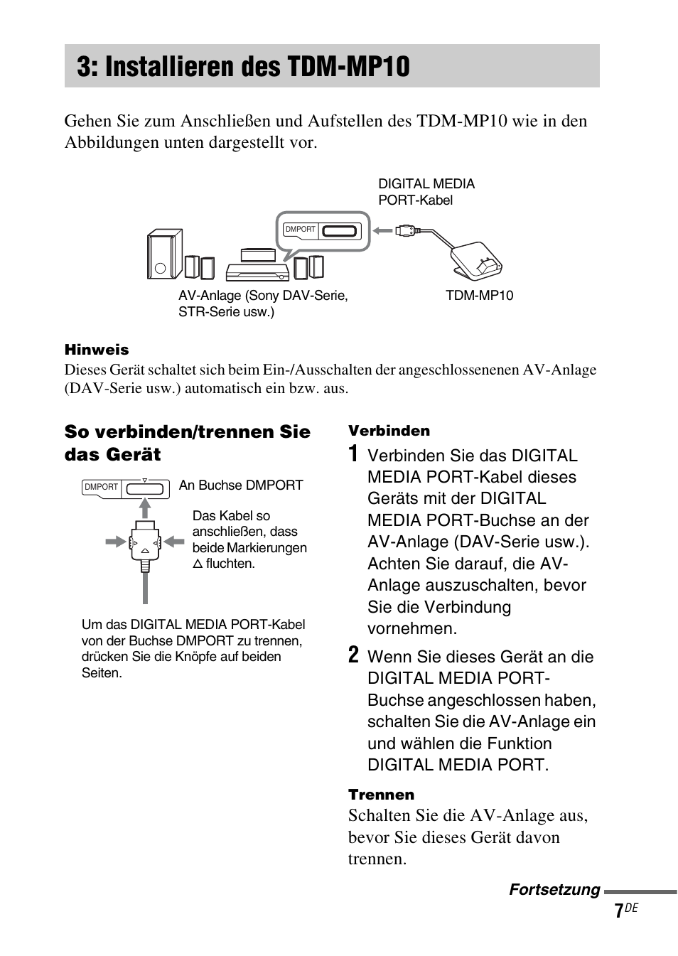 Installieren des tdm-mp10, Installieren des, Tdm-mp10 | Seite 7) | Sony TDM-MP10 User Manual | Page 43 / 128