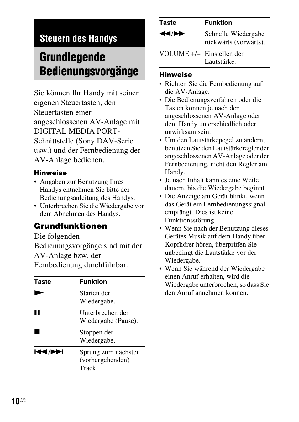 Steuern des handys, Grundlegende bedienungsvorgänge, Grundlegende | Bedienungsvorgänge | Sony TDM-MP10 User Manual | Page 46 / 128