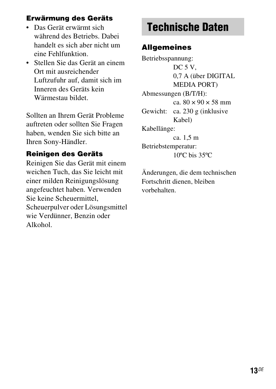 Technische daten | Sony TDM-MP10 User Manual | Page 49 / 128