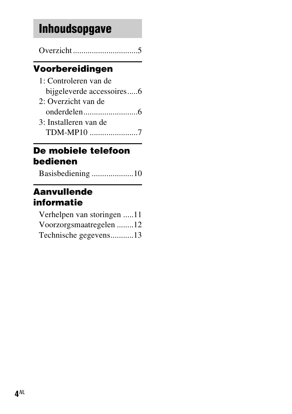 Inhoudsopgave | Sony TDM-MP10 User Manual | Page 52 / 128