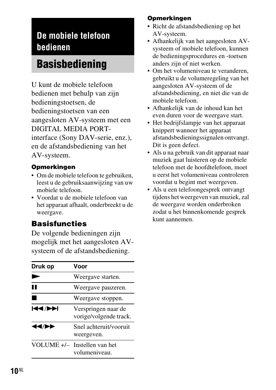 De mobiele telefoon bedienen, Basisbediening | Sony TDM-MP10 User Manual | Page 58 / 128